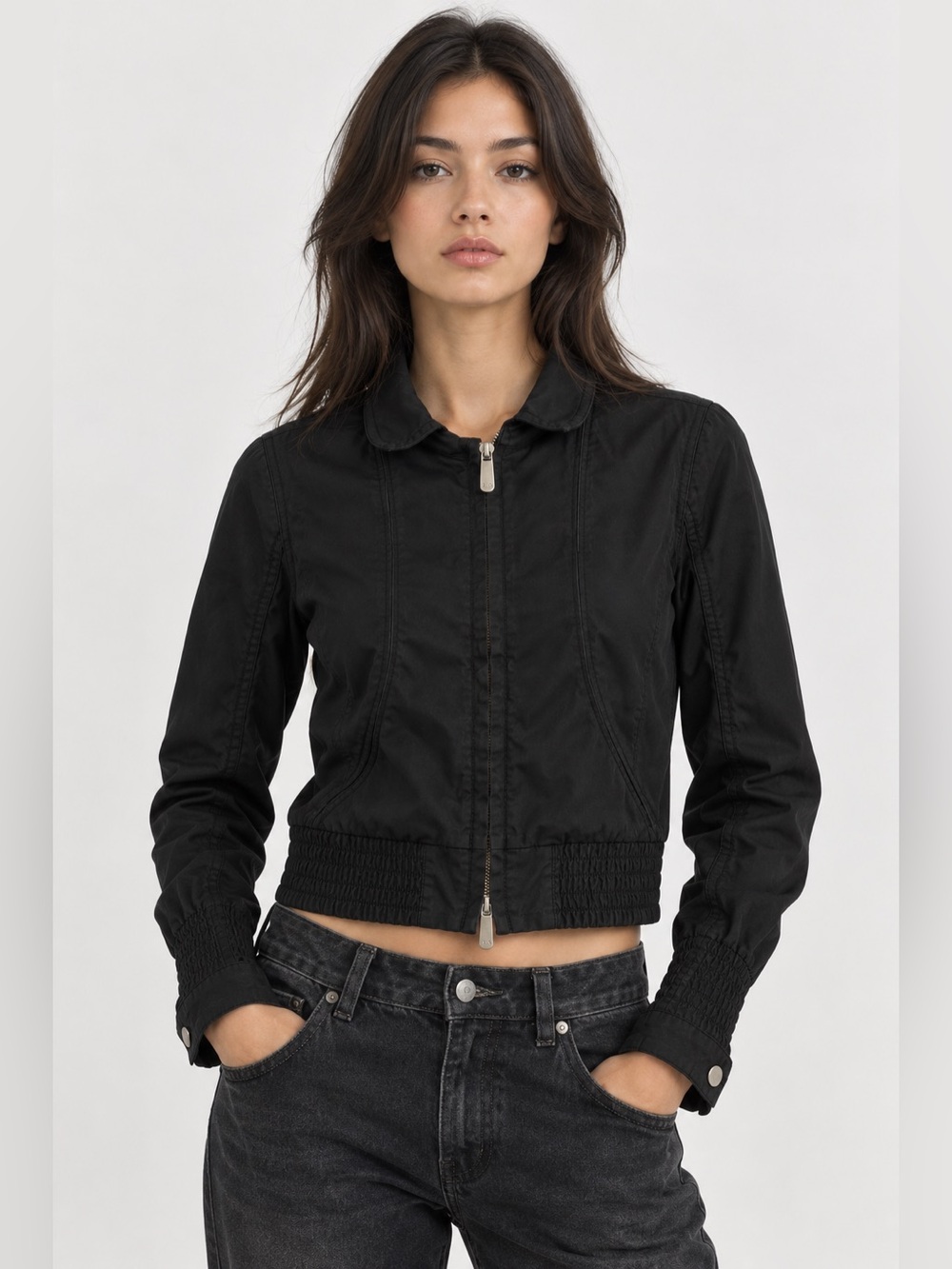 Armani Exchange Black Cotton Silk Cropped Bomber Jacket Zip Top Blouse S